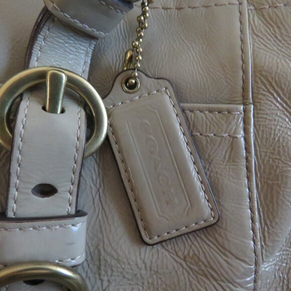 COACH Chelsea Taupe Tan Patent Leather Turnlock Shoulder Zip Up Tote Bag - Picture 9 of 15